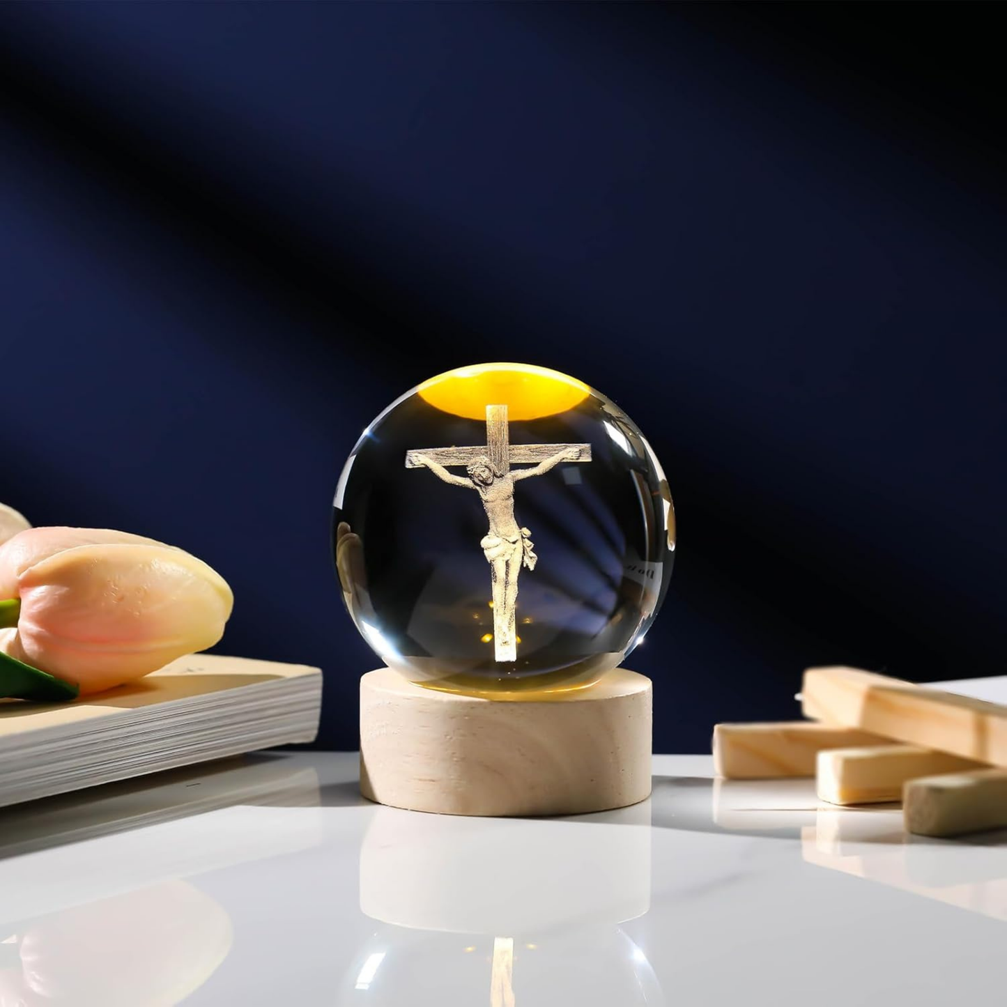 Crystal Ball with Wooden Light Base